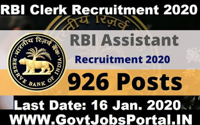 RBI Clerk Recruitment 2020 : Apply Online for Bank Jobs of 926 R
